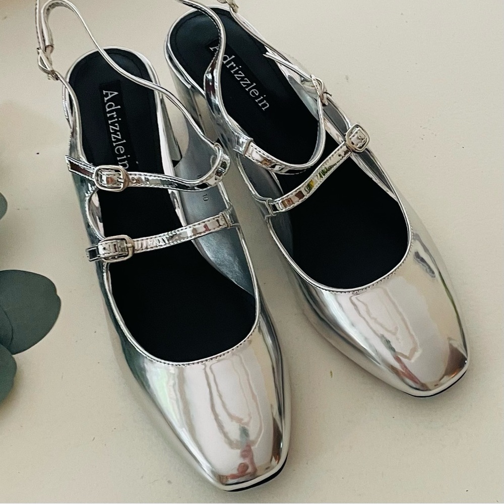 ADRIZZLEIN Silver Double Strap Sling Back Mary Janes - Picture 2 of 9